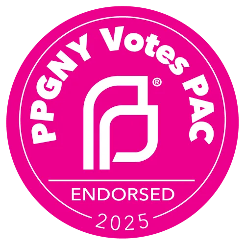 A pink circle featuring the Planned Parenthood logo and PPGNY Votes PAC, ENDORSED, and the year 2025